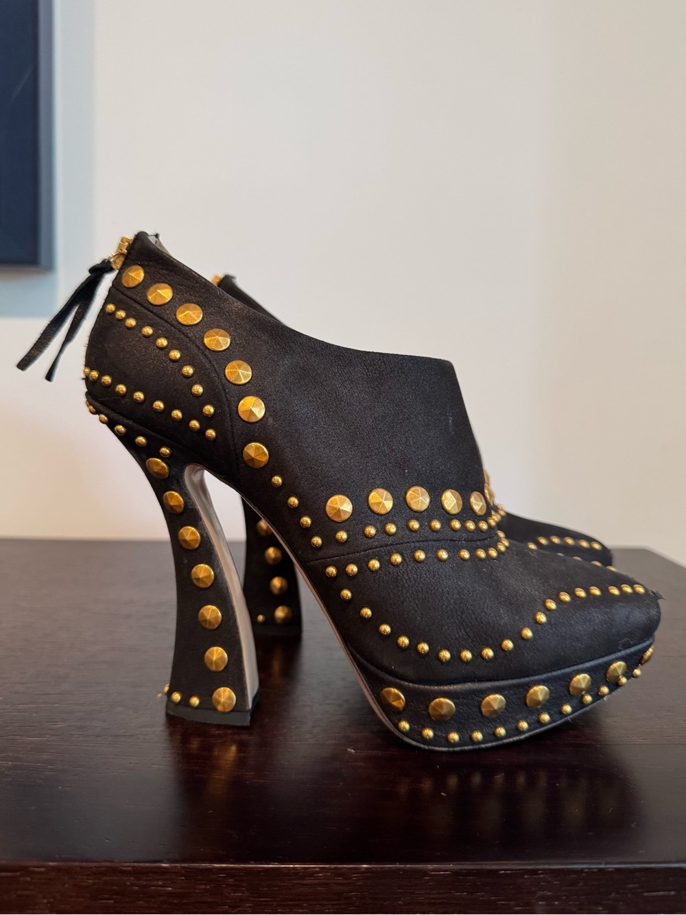 Miu Miu Black Leather Platform Studded Bootie with Gold Studs